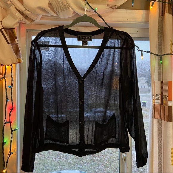 Express Vintage 1990s Black Sheer Button Up Cardigan - Picture 9 of 11